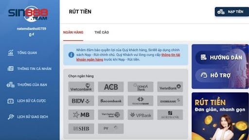 Cách rút tiền Sin88 về tài khoản ngân hàng nhanh nhất