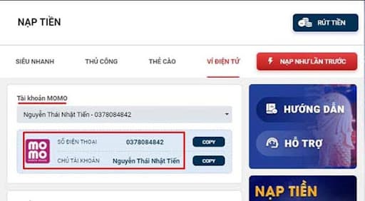 Nạp tiền vào Sin88 bằng ví điện tử MOMO